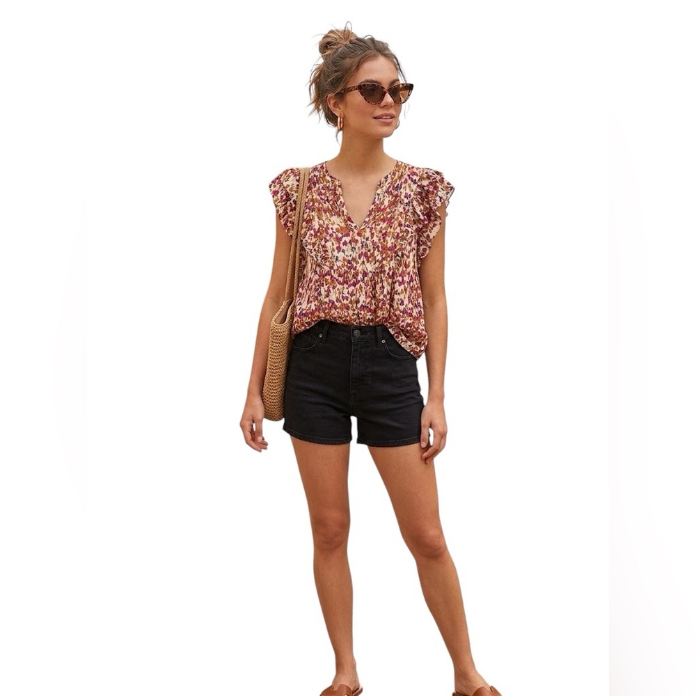 Rose & Olive Printed V-Neck Blouse in Pink, Mustard & Blue Size M